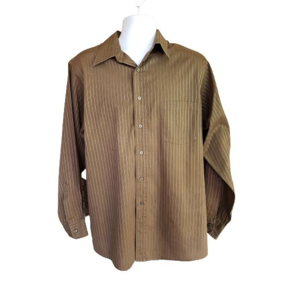 Van Heusen Dress Shirt L 34/35 Brown Wrinkle Free Satin Spread Lng Slv Regular